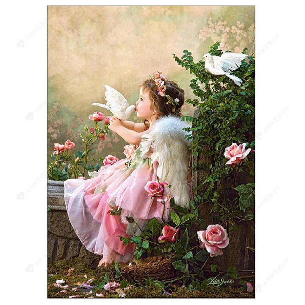 Free Angel Girl Kiss Pigeon - MyCraftsGfit - Free 5D Diamond Painting