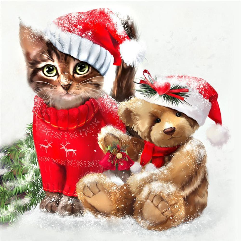 Christmas Cat Bear - MyCraftsGfit - Free 5D Diamond Painting