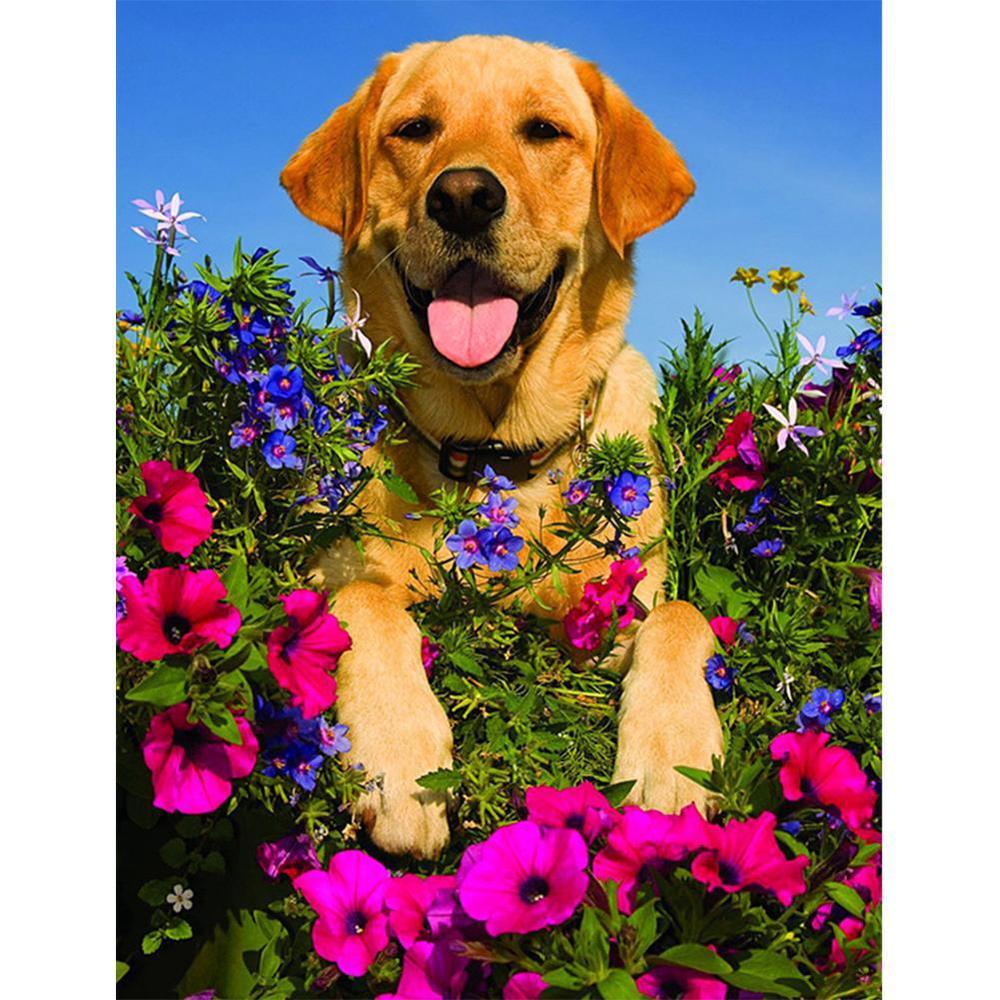 Dog in Flower Free 5D Diamond Painting Kits MyCraftsGfit - Free 5D Diamond Painting mycraftsgift.com