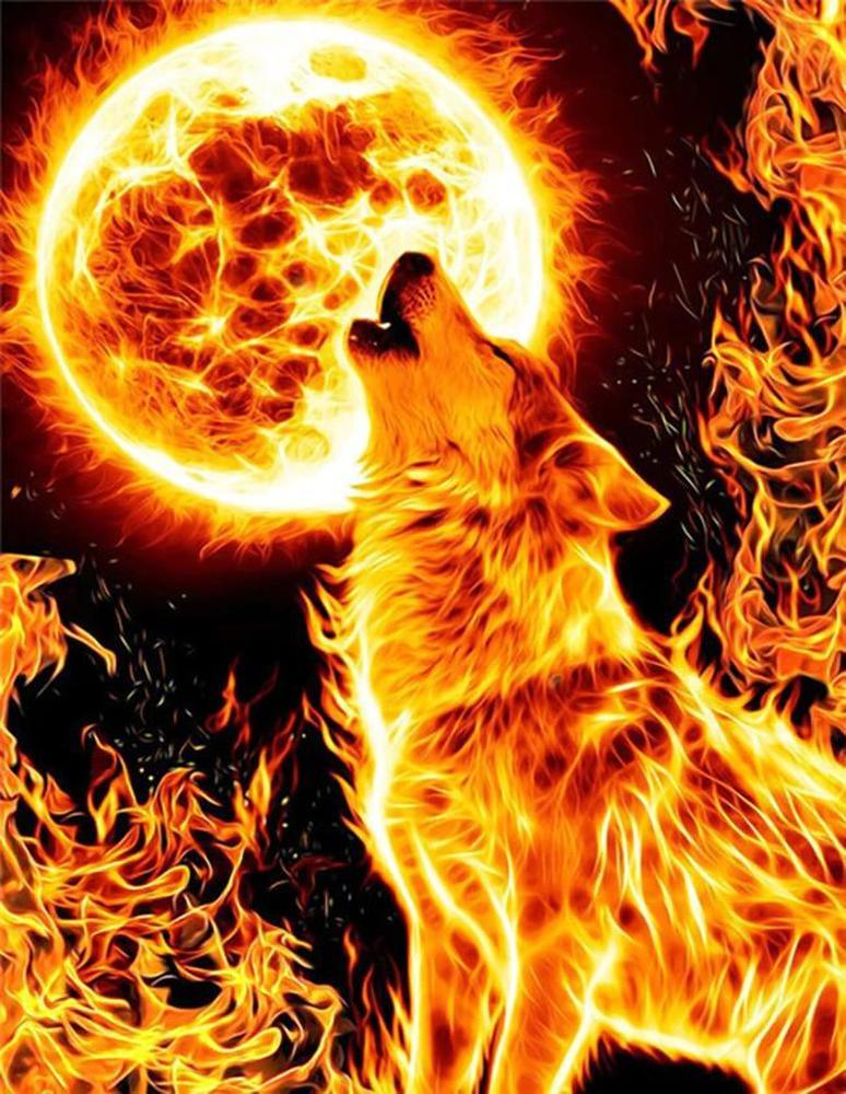 Fire Wolf Howling At The Moon Free 5D Diamond Painting Kits MyCraftsGfit - Free 5D Diamond Painting mycraftsgift.com