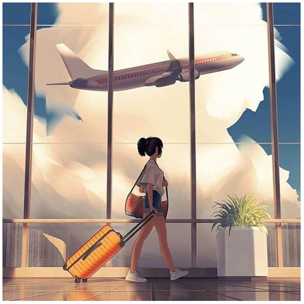 Free Girl Pushing Luggage - MyCraftsGfit - Free 5D Diamond Painting