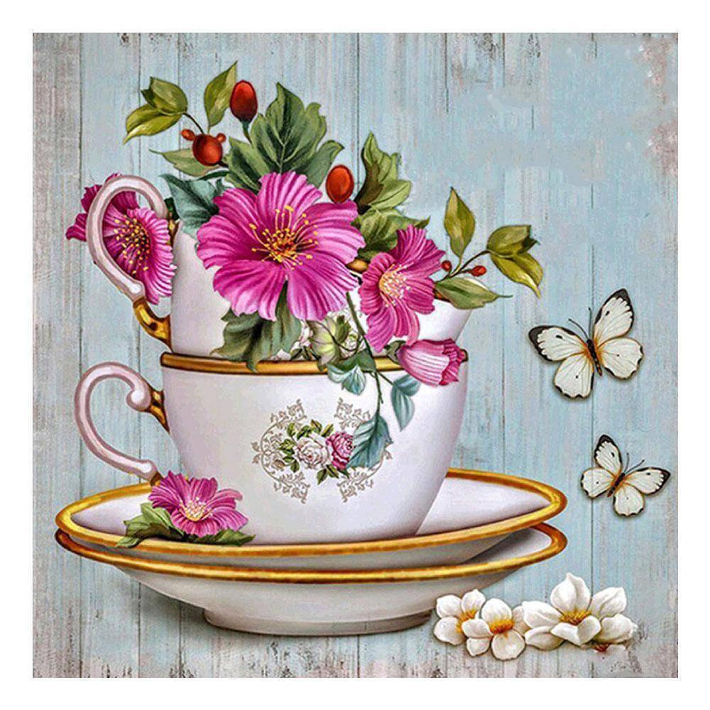 Free Pink Flowers in Cup - MyCraftsGfit - Free 5D Diamond Painting