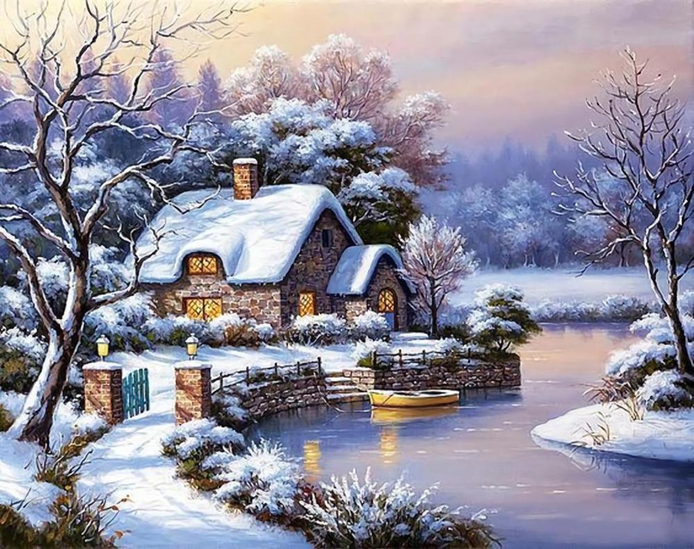 Winter “House And River” Free 5D Diamond Painting Kits MyCraftsGfit - Free 5D Diamond Painting mycraftsgift.com