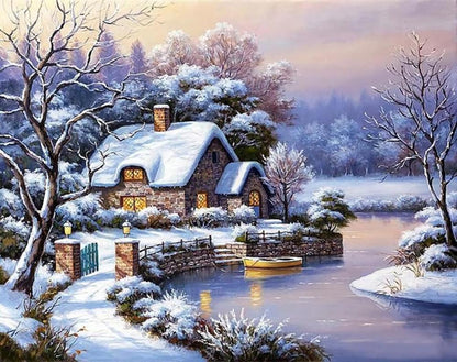 Free Winter “House And River” - MyCraftsGfit - Free 5D Diamond Painting